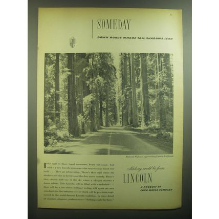 1945 Lincoln Cars Ad - Redwood Highway, approaching Eureka, California