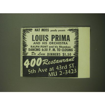 1946 400 Restaurant NYC Ad - Nat Moss proudly presents Louis Prima