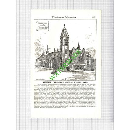 Wesleyan Central Mission Hall Sheffield Thomas Cole - 1908 Small Cutting