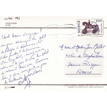 Risoyhamn Norway Postcard posted 1987 creased