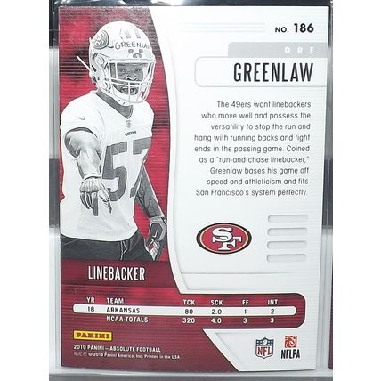 2019 Panini Absolute DRE GREENLAW (49ers) Rookie Card #186