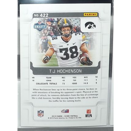 2019 Panini Score T.J. HOCKENSON (Iowa/Lions) Rookie Card #422