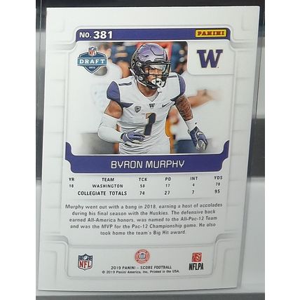 2019 Panini Score BYRON MURPHY (Washington/Cardinals) Rookie Card #381