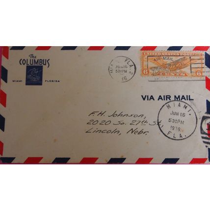 USA 1936 with 6c orange airmail stamp and Miami pm
