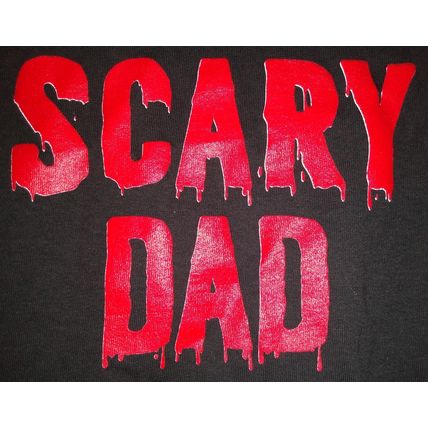 "THIS IS MY SCARY DAD COSTUME SIZE MEDIUM BLACK T SHIRT with BLOODY LETTERING"