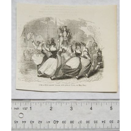 1860s engraving - Milk maids' Dance, with pile of Plate, on May Day
