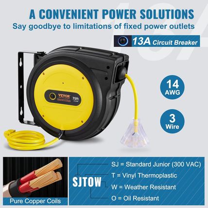 VEVOR 75FT Retractable Extension Cord Reel, 14AWG/3C SJTOW Heavy Duty Power Cord