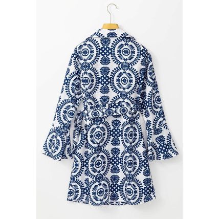 Blue Floral Print V Neck Wrapped Knot Long Sleeve Dress