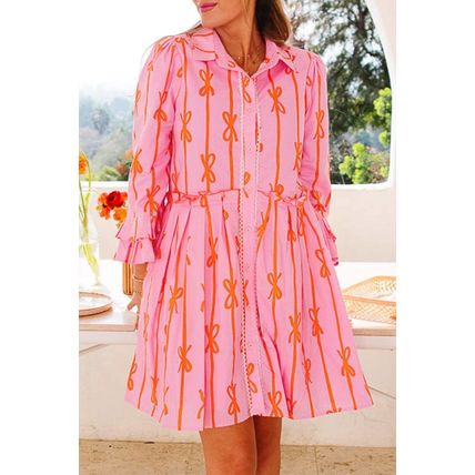 Pink Bowknot Striped Printed Tiered Ruffled Mini Shirt Dress