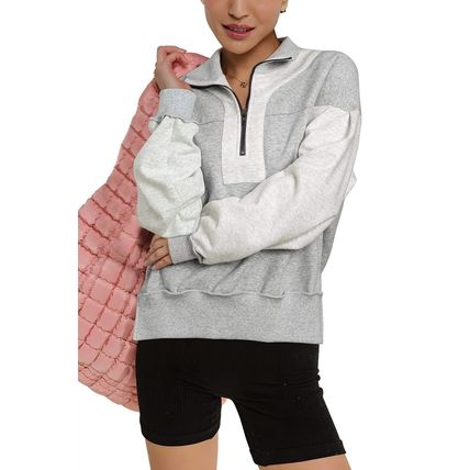 Gray Half Zipper Collared Drop Shoulder Side Slits Sweatshirt