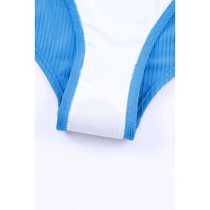 Sky Blue Adjustable Straps Ribbed Knit One Piece Swimsuit