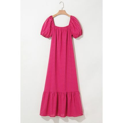 Rose Ginham Check Bubble Sleeve Ruffled Maxi Dress