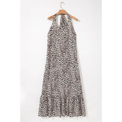 Brown Leopard Printed Halter Neck Backless Ruffled Hem Maxi Dress