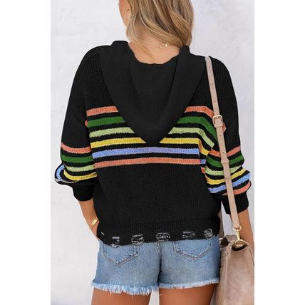 Black Striped Detail Zip Up Hooded Sweater Cardigan
