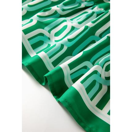 Bright Green Abstract Patterned V Neck Puff Short Sleeve Mini Dress