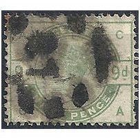 1883 SG195 9d Dull Green Good Used Heavy Cancel Good Colour Check Letters "CA".