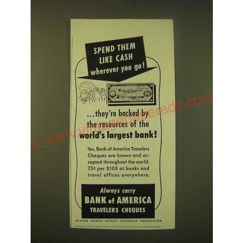 1951 Bank of America Travelers Cheques Ad - Spend them like cash