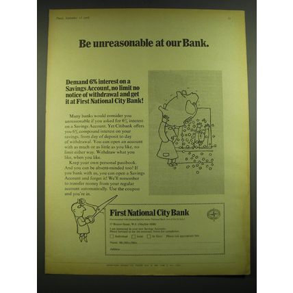 1968 First National City Bank Ad - Be unreasonable at our Bank