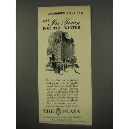 1956 The Plaza Hotel Ad - Live in the town for the winter