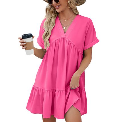 Beach Pleated Swing Mini Dress Top Plus Size V-Neck Woman's Smock Dress Summer