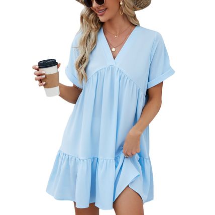 Beach Pleated Swing Mini Dress Top Plus Size V-Neck Woman's Smock Dress Summer
