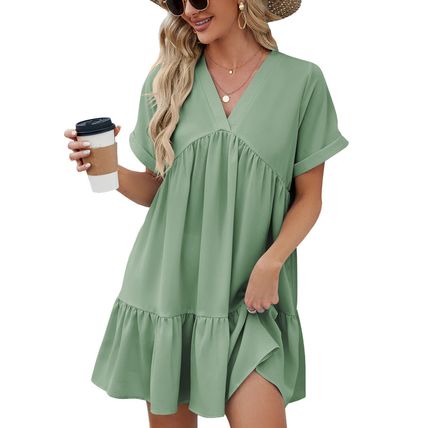 Beach Pleated Swing Mini Dress Top Plus Size V-Neck Woman's Smock Dress Summer
