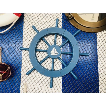 Rustic All Light Blue Decorative Ship Wheel With Sailboat 18""