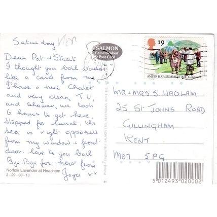 Heacham Norfolk Lavender Postcard posted 1994 creased