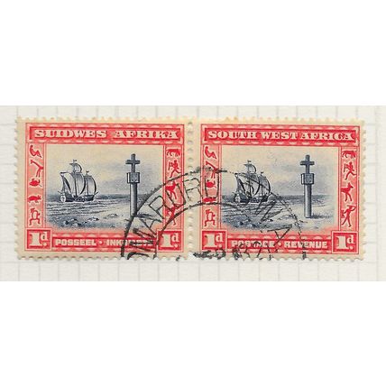 AFRICA SOUTH WEST 1931 1d CAPE CROSS SG75 HORIZONTAL PAIR SHADE VERM? USED SWA
