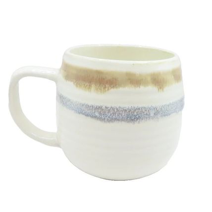 Mug Brown Cream & Grey Bands with Indented Lines 9 CM Glazed Hand Dipped Gift