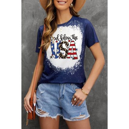 Blue God Bless the USA Print Bleach Short Sleeve T-Shirt