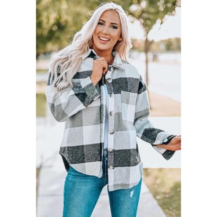 Gray Plaid Color Block Buttoned Long Sleeve Jacket with Pocket