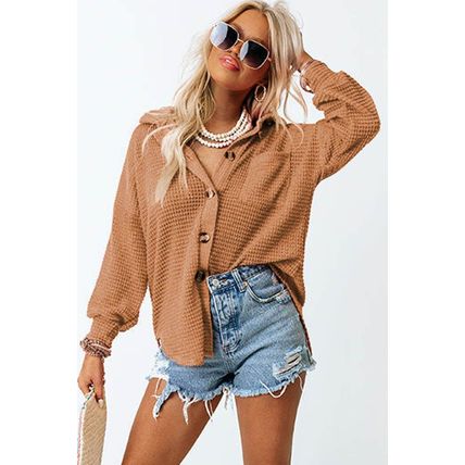 Brown Waffle Knit Button Up Casual Shirt