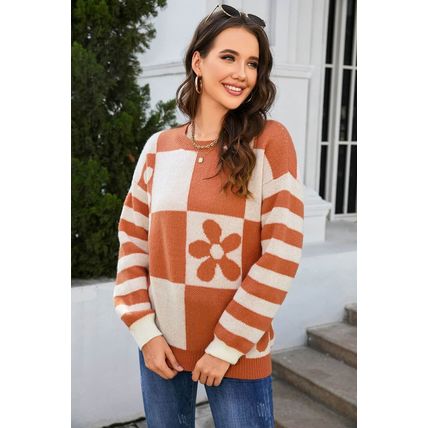 Brown Checkered Floral Print Striped Sleeve Sweater