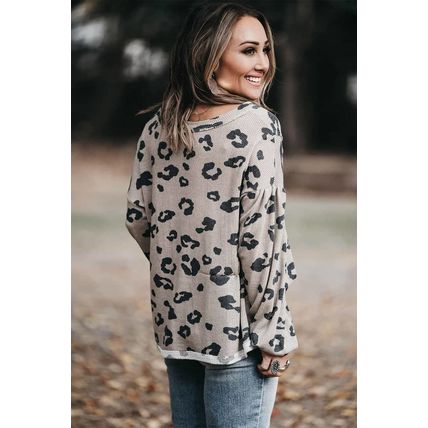 Gray Printed Leopard Balloon Sleeve Thermal Knit Plus Size Top