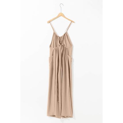 Apricot Spaghetti Straps Waist Tie Wide Leg Jumpsuit with Pockets