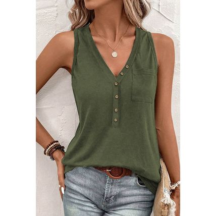 Jungle Green Half Button V Neck Patched Pocket Tank Top
