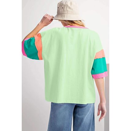 Green Color Block Stitching Sleeve Round Neck Oversize Top
