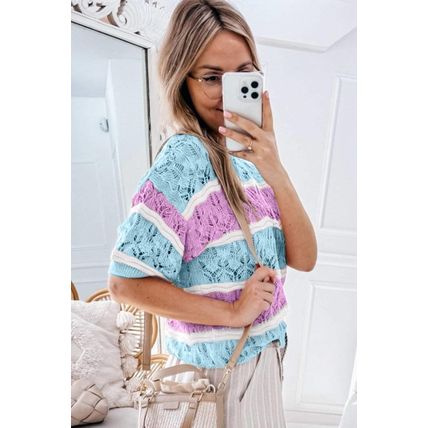 Purple Stripe Color Block Hollow Out Crochet Half Sleeve Sweater