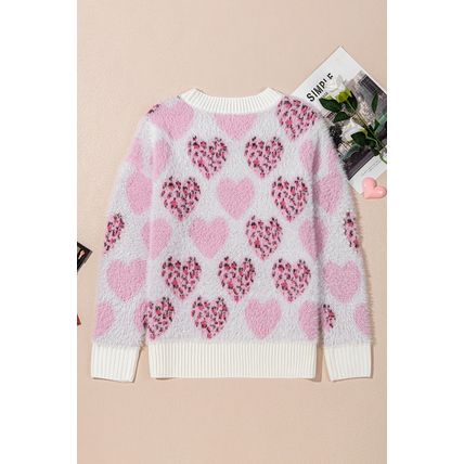 Pink Heart Leopard Print Pearled Ribbed Trim Fuzzy Sweater