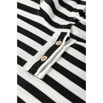 Black white Oversized Striped Henley Buttons Dolman Sleeve Hooded Top