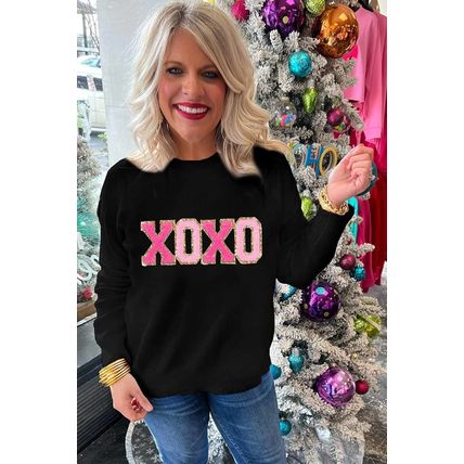Black XOXO Glitter Print Round Neck Casual Sweater