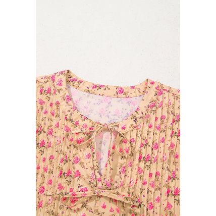 Light French Beige Floral Print Bow Pintuck Bust Half Puff Sleeve Blouse Top