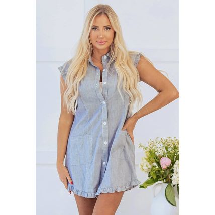 Blue Stripe Frilled Sleeveless Collar Front Pocket Button Up Mini Dress