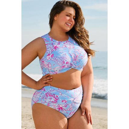 Sky Blue Plus Size Floral Print Twisted High Waist Bikini Set