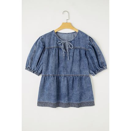 Sail Blue Plus Drawstring V Neck Puff Sleeve Denim Blouse