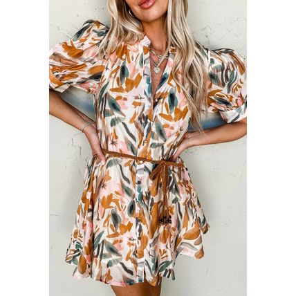 Brown Abstract Printed Puff Sleeve Button Up Braided Belt Mini Dress
