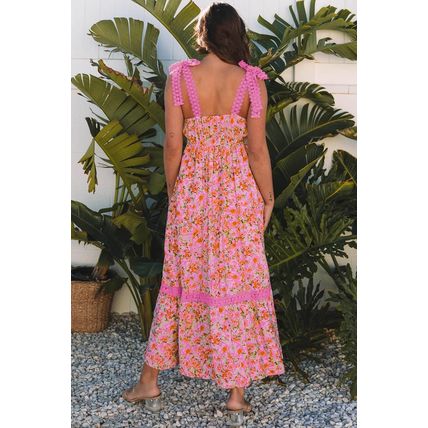 Rose Floral Lace Tied Strap Empire Waist Maxi Dress
