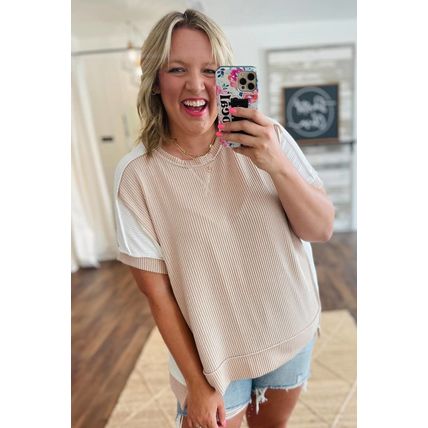 Parchment Twist Rib Colorblock Hi Low Plus Size Short Sleeve Top