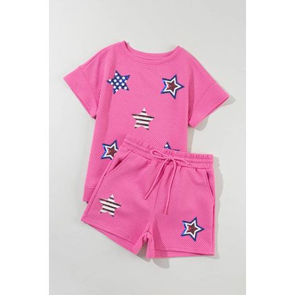 Strawberry Pink Solid Color Textured Sequined American Star Patched Short 2pcs O